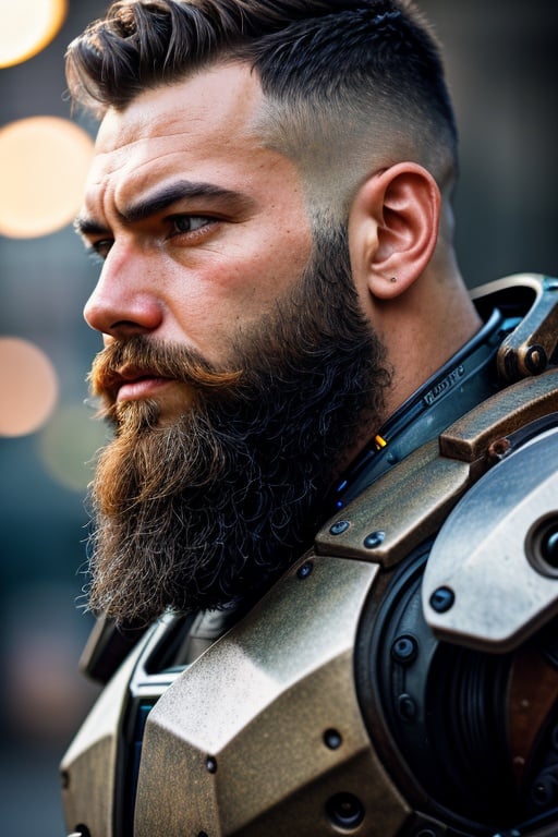 close up Portrait photo of muscular bearded guy in a worn mech suit, ((light bokeh)), intricate, (steel metal [rust]), elegant, sharp focus, photo by greg rutkowski, soft lighting, vibrant colors, masterpiece, ((streets)), detailed face