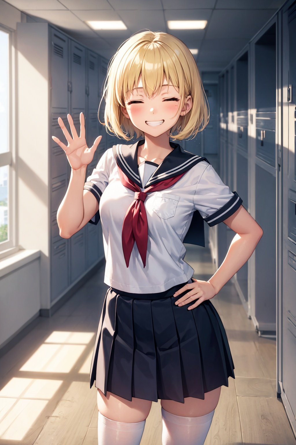 1girl, schoolgirl, school uniform, waving at viewer, hallway, lockers, pov, closed eyes, happy, blonde hair, grin, hand on hip, short hair, serafuku, white stockings, windows, sunlight, god rays, volumetric lighting, extravaganza