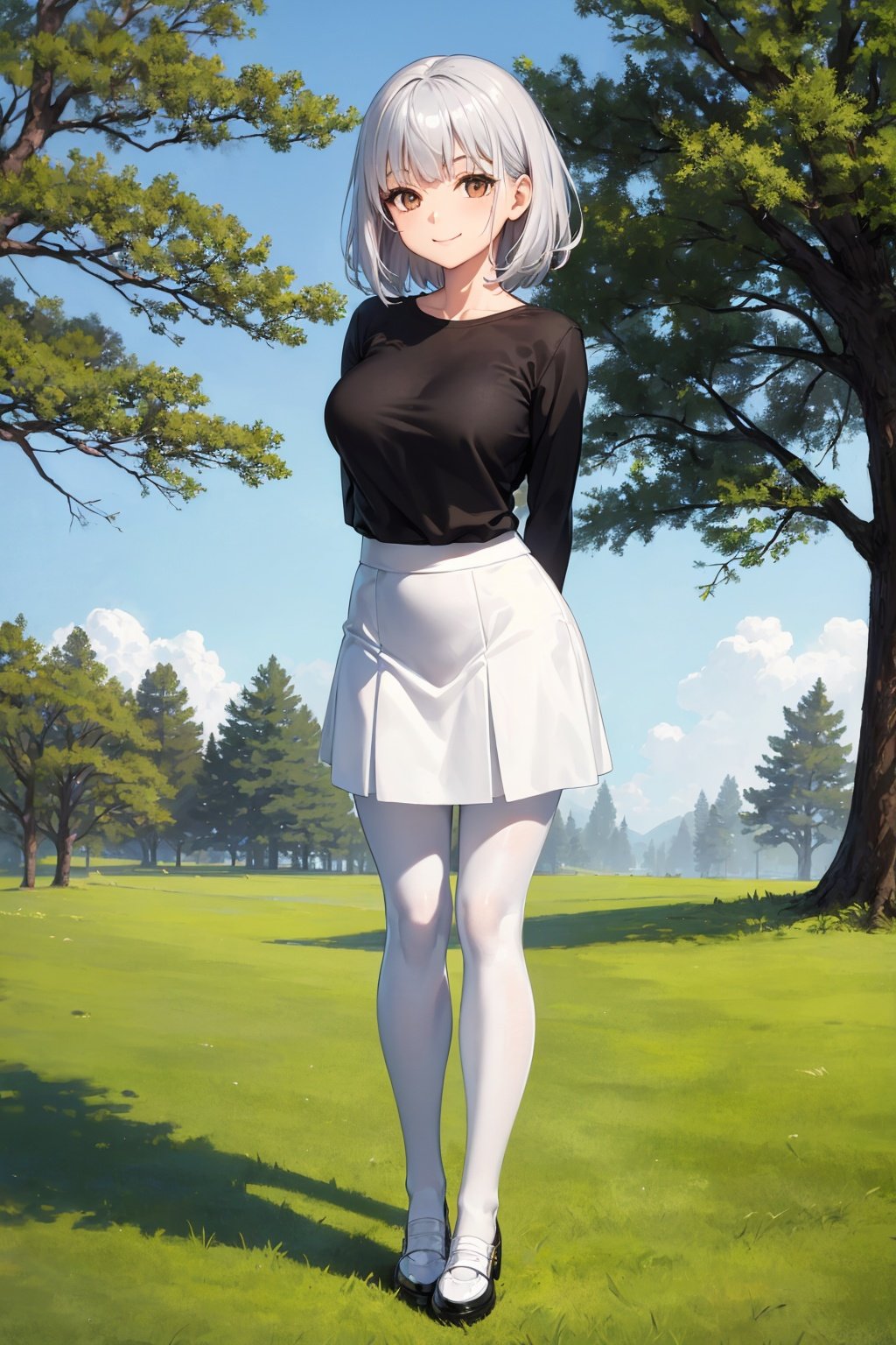 (Woman:1.2), bangs, black shirt, blue sky, brown eyes, closed mouth, silver hair, day, grey hair, highres, looking at viewer, medium hair, full body, full shot, white skirt, smile, (arms behind back:1.2), solo, large breasts, (near tree:1.4), white pantyhose, grass, standing, black shoes