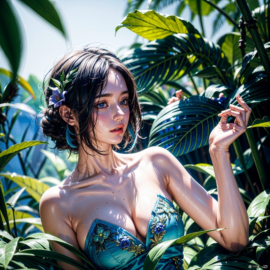 fashion photography of blue human avatar, 1girl, in blue lush jungle with flowers and birds, sci-fi, fantasy, 3d render, symetrical, octane render, hdr, (intricate details, hyperdetailed:1.2), (natural skin texture, hyperrealism, soft light, sharp:1.2)