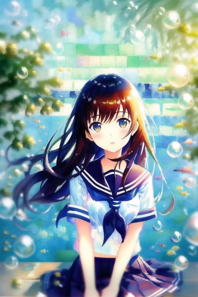 bubble, rating:safe, air_bubble, underwater, 1girl, fish, long_hair, submerged, school_uniform, serafuku, solo, water, skirt, neckerchief, short_sleeves,(Impressionism:1.4),