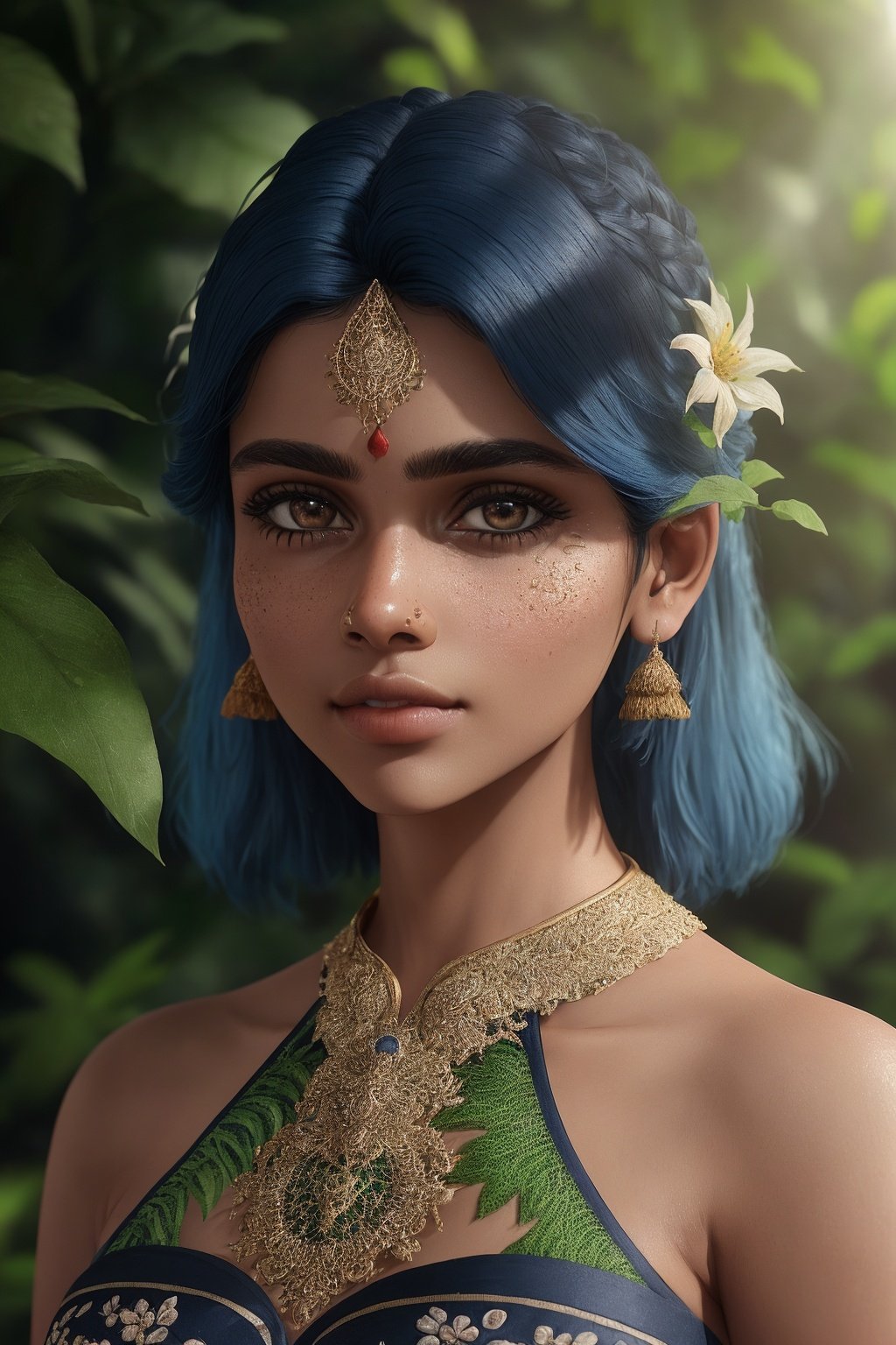 fashion photography portrait of indian girl with blue hair, in lush jungle with flowers, 3d render, cgi, symetrical, octane render, 35mm, bokeh, 9:16, (intricate details:1.12), hdr, (intricate details, hyperdetailed:1.15), (natural skin texture, hyperrealism, soft light, sharp:1.2), detailed, sunlight passing through foliage