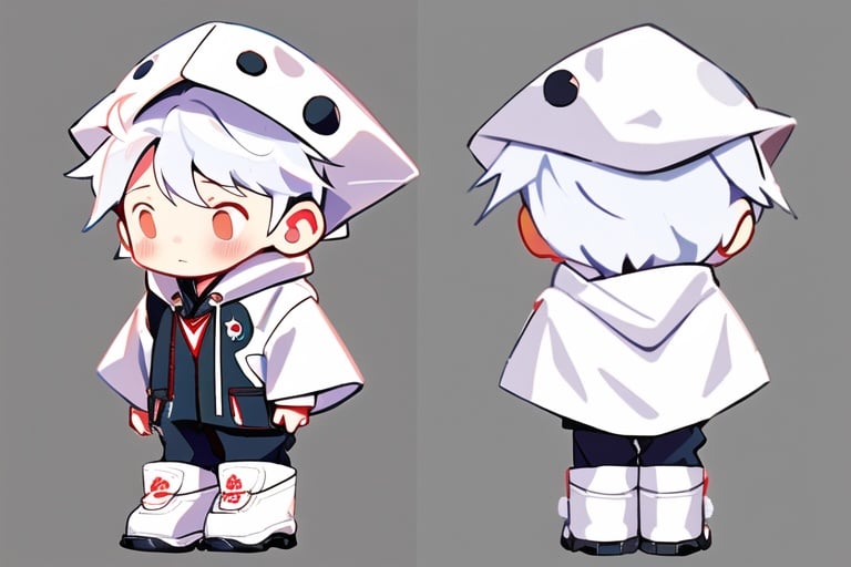 three_sided_view,multiple_views, 1boy, standing, chibi, full body, white hair, white hoodie, boots, pants