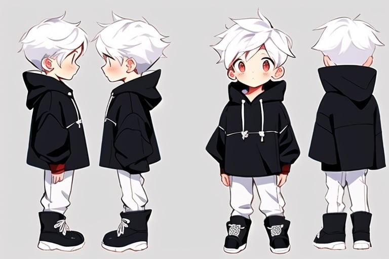 three_sided_view,multiple_views, 1boy, standing, chibi, full body, white hair, white hoodie, boots, pants