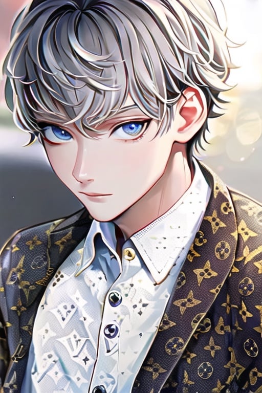 ((lv_style)), (1boy, male focus), half body,  boots,best quality,masterpiece, detailed,16k,beautiful detailed face,beautiful detailed eyes,solo, white hair, standing, white shirt