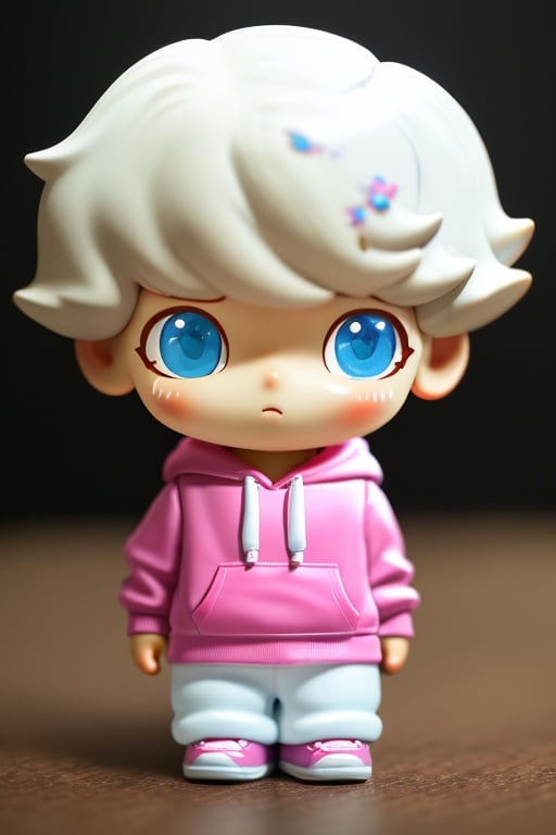 dimoo,chibi, 1boy, white hair, pink hoodie, white pants, best quality,masterpiece, detailed,16k,beautiful detailed face,beautiful detailed eyes,solo,