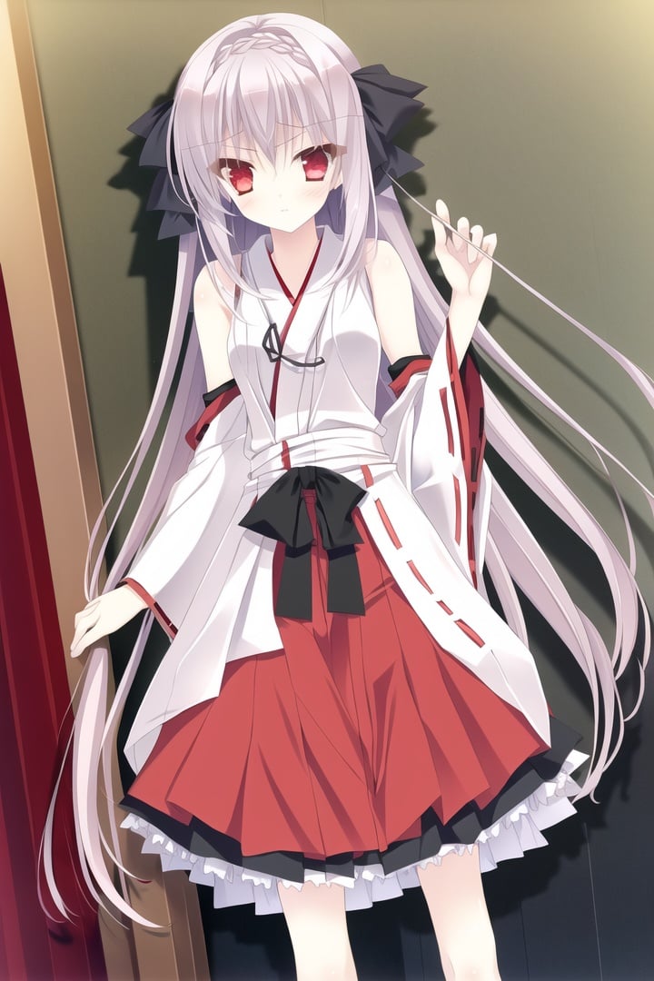 (gohei),(Miko clothing),1girl, solo, long hair, red eyes, bow, ribbon, skirt, hair bow, hair ribbon, very long hair,