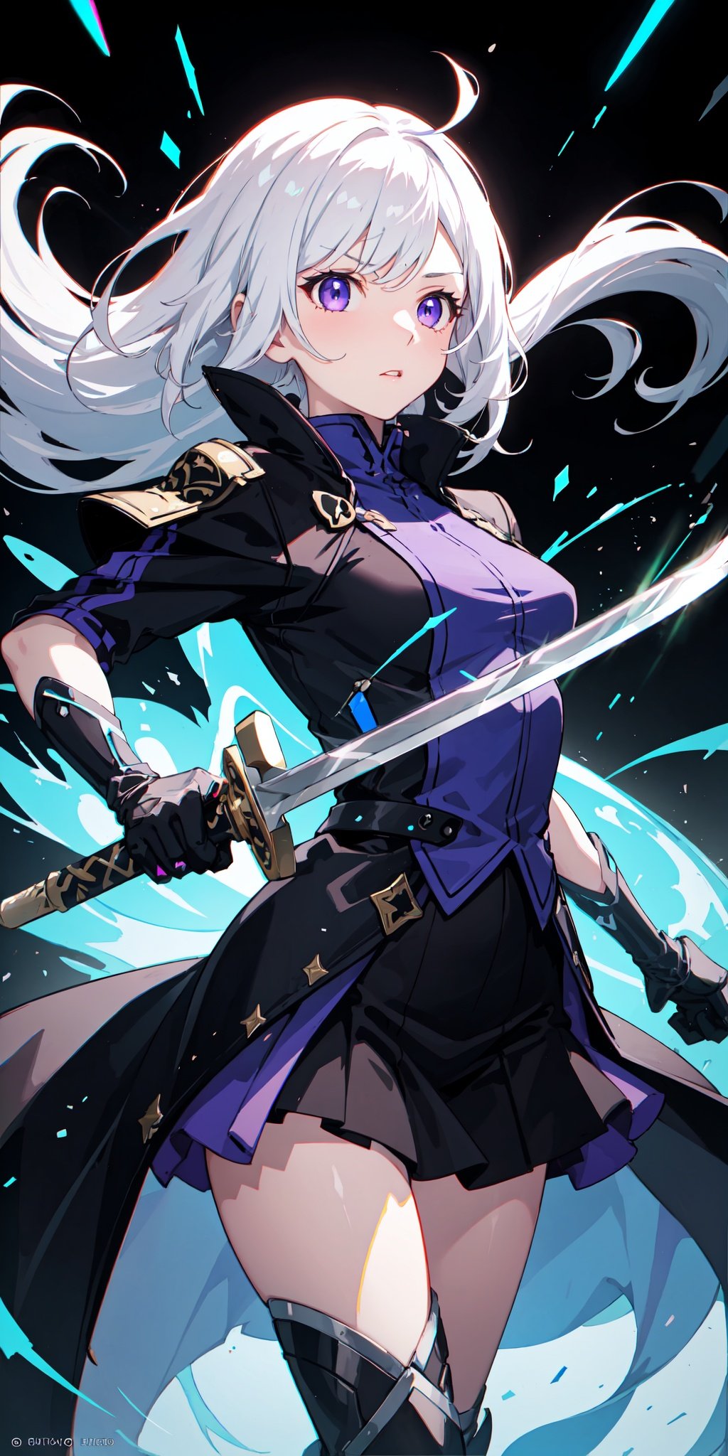 colorful, 1girl, white hair, purple eyes, dual wielding, sword, holding sword, blue flames, glow, glowing weapon, light particles, wallpaper, chromatic aberration,