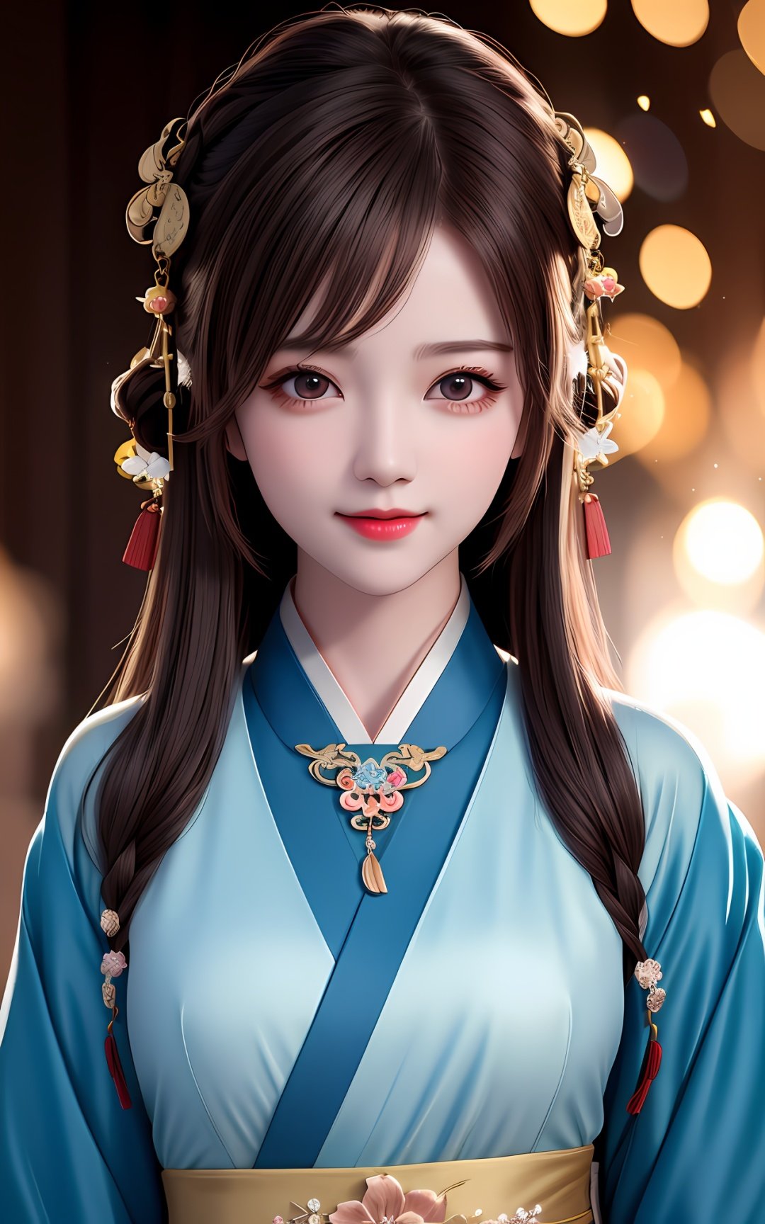 best quality, masterpiece, highres, 1girl,blush,(seductive smile:0.8),star-shaped pupils,china hanfu,hair ornament,necklace, jewelry,Beautiful face,upon_body, tyndall effect,photorealistic, dark studio, rim lighting, two tone lighting,(high detailed skin:1.2), 8k uhd, dslr, soft lighting, high quality, volumetric lighting, candid, Photograph, high resolution, 4k, 8k, Bokeh