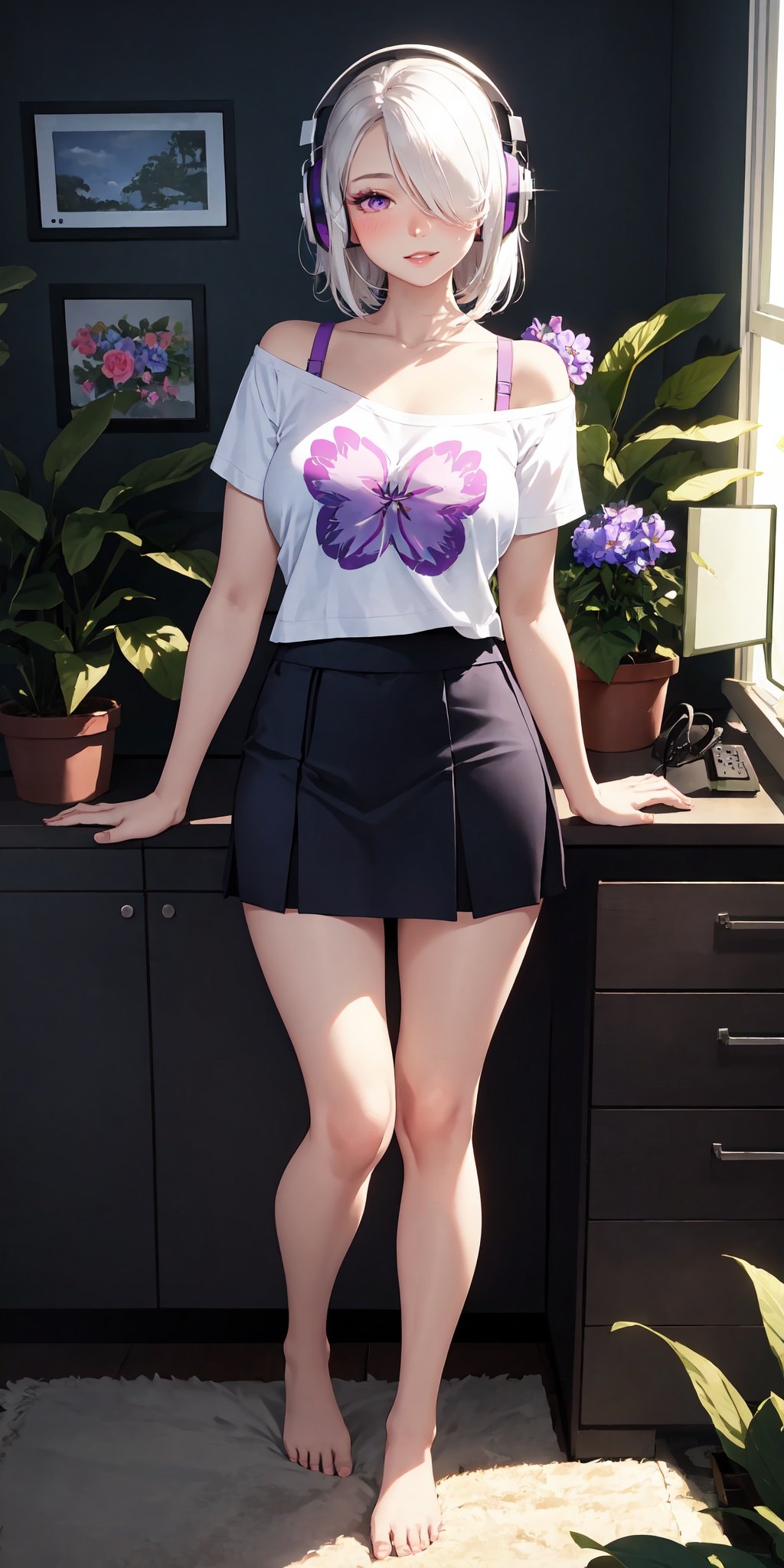 realistic, 1girl, hair over one eye, parted lips, blush, makeup, light smile, white hair, t-shirt, skirt, headphones, glow, thighs, purple eye, bare shoulders, collarbone, narrow waist, bedroom, sunlight, flower, (masterpiece), underwear, potted plant, television, wallpaper, sunbeam,