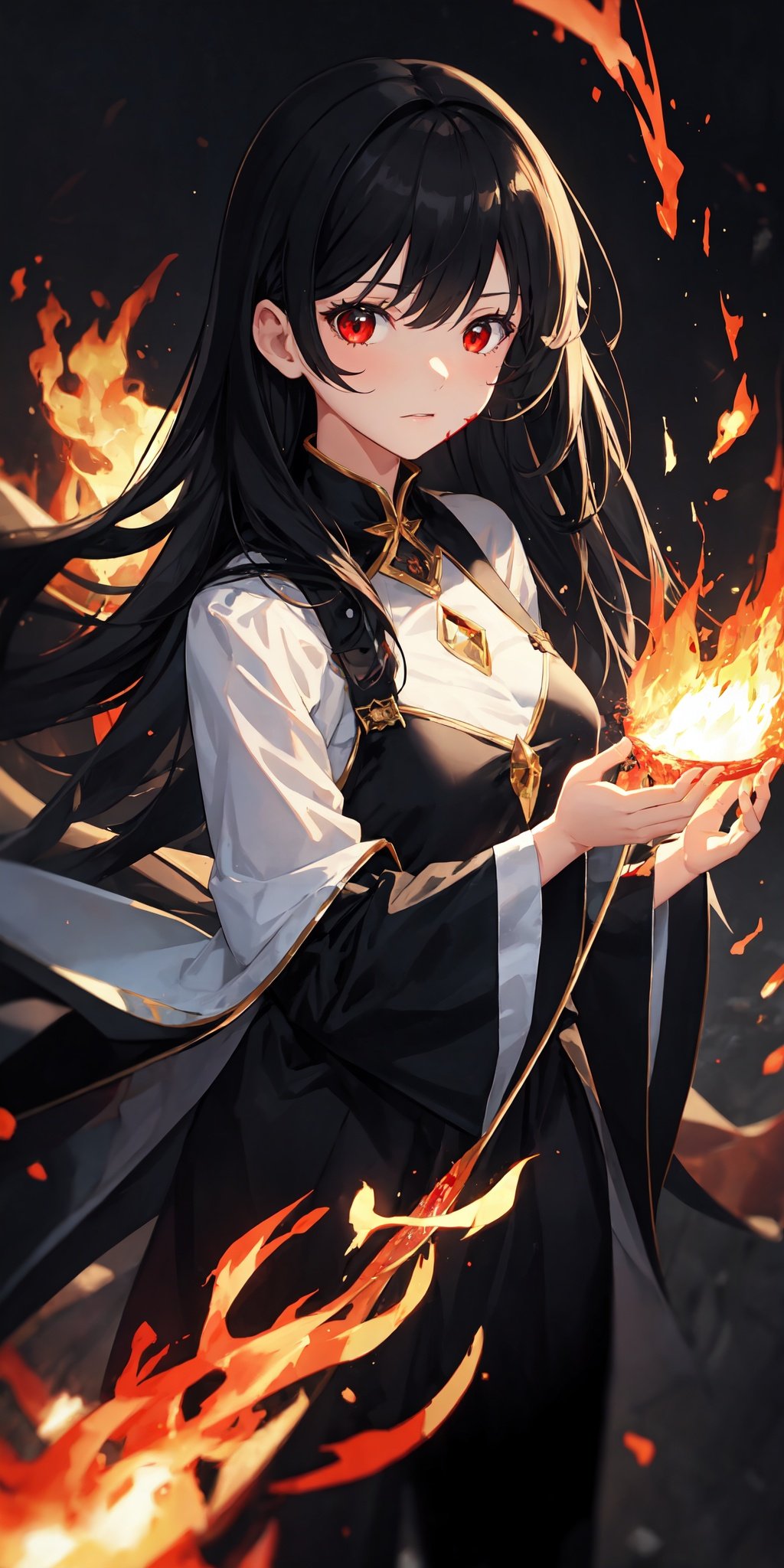 1girl, black hair, red eyes, fire witch, blood, light particles, light rays, wallpaper, high contrast, colorful,