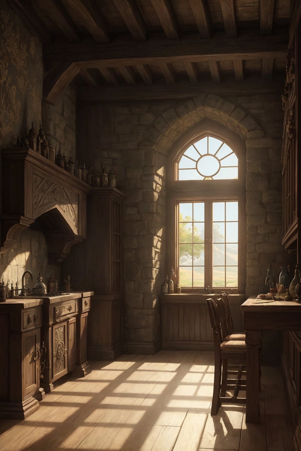 zrpgstyle, medieval fantasy tavern interior, colorful tapestries on the walls Game of Thrones Hogwarts bright morning sunlight shining in from windows Clutter-Home, (masterpiece:1.2) (best quality) (detailed) (intricate) (8k) (HDR) (wallpaper) (cinematic lighting) (sharp focus)