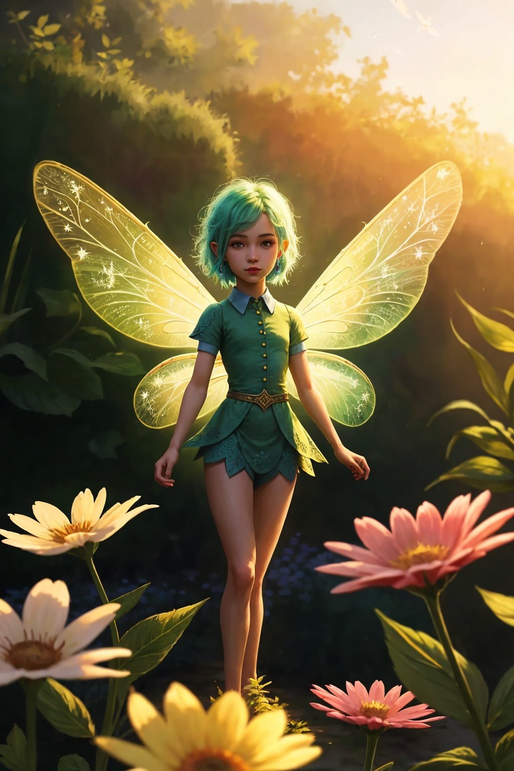 tiny pixie fairy with dragonfly wings in a flower garden bright morning sunlight (zrpgstyle) (masterpiece:1.2)(best quality:1.2) (detailed) (intricate) (8k) (HDR) (cinematic lighting) (sharp focus)