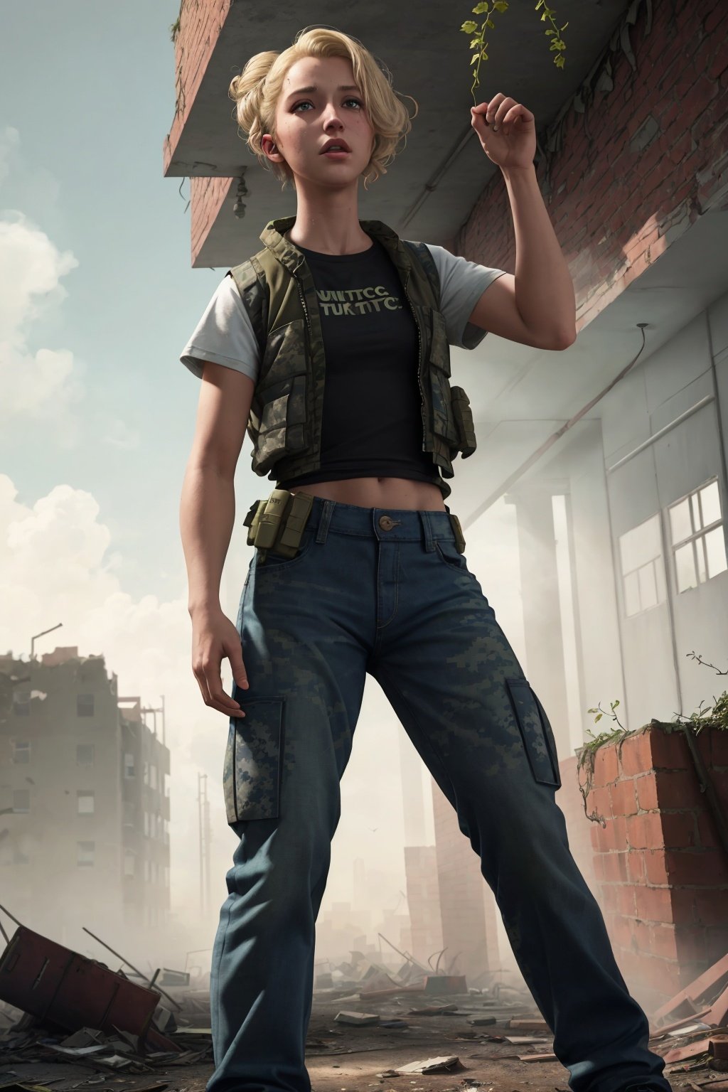 post-apocalypse fallout 4 RPG character blonde hair upsweep updo wearing black (military tactical vest pants tshirt jeans:1.2) searching an abandoned building indoors overgrown ruins vines ivy in an (abandoned city:1.1) (red brick buildings:1.2) blue sky (bright morning sunlight:1.1) (windy dust volumetric lighting foggy:1.1)
(masterpiece:1.2) (best quality:1.2) (8k) (cinematic lighting) (sharp focus) (intricate)