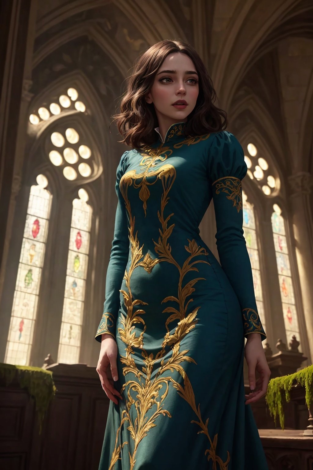 EvelynNobodySD15 dark brown layered hair standing in an luxurious stone keep, moss-covered gothic architecture very bright morning sunlight shining through window wealthy luxury magnificent opulent elaborate intricately detailed embroidered dress (zrpgstyle) (masterpiece:1.2) (best quality:1.2) (detailed) (intricate) (8k) (HDR) (cinematic lighting) (sharp focus)