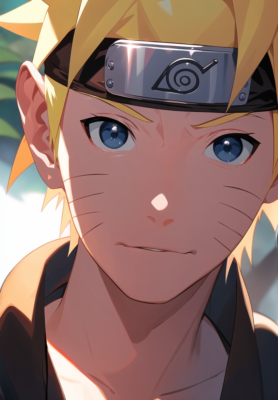 uzumaki naruto, 1boy, ((solo)), masterpiece, best quality,upper body,portrait, looking at viewer,close up,  white shirt, sunshine, novel illustration,blurry foreground,