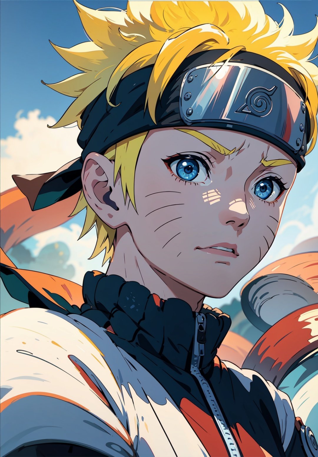 uzumaki naruto, 1boy, ((solo)), masterpiece, best quality,upper body,portrait, looking at viewer,close up,  white shirt, sunshine, novel illustration,blurry foreground,