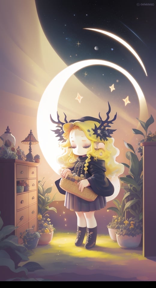 1 girl,chibi,  ,in the night, stars, moon,sleepy, bird, evening, flying eyes, yellow hair, masterpiece, best quality,