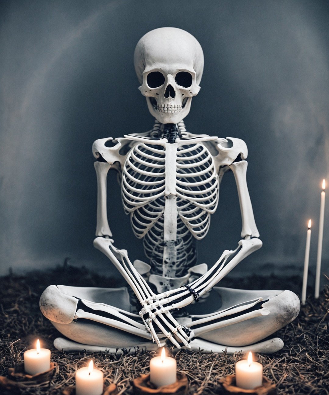 a professional photography of a skeleton meditation, deep meditation, sitting cross-legged, ethereal, hdr, extremely detailed