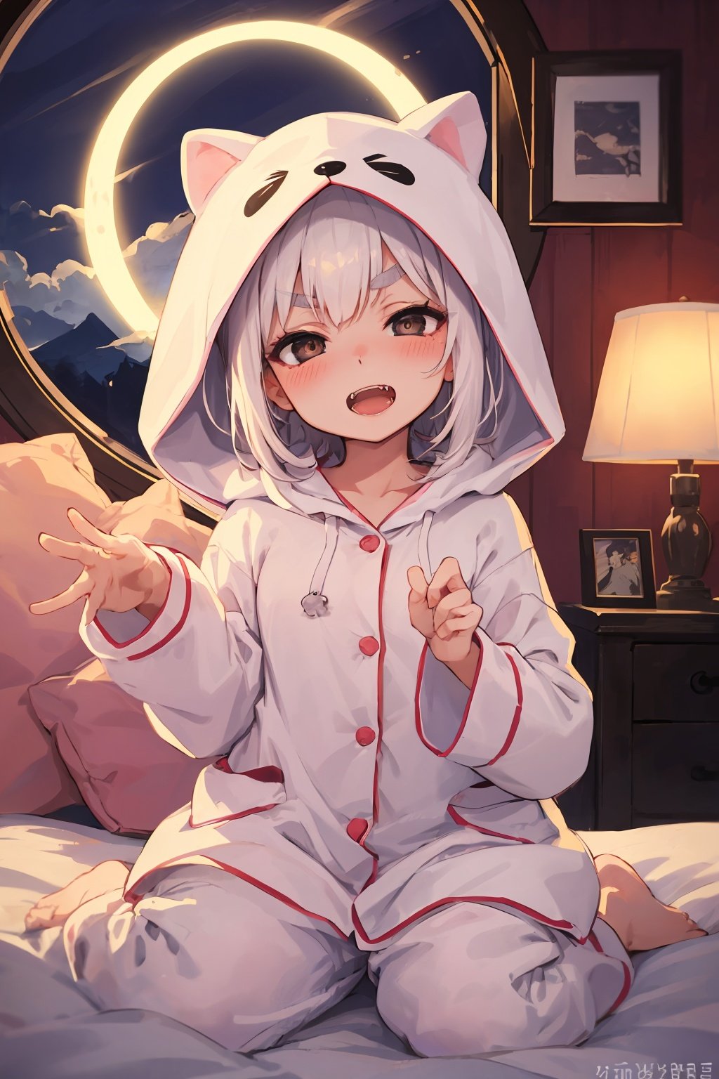 Original Character, Volumetric Lighting, Best Shadows, Shallow Depth of Field, Portrait Of Stunningly Beautiful Girl, Petite, Delicate Beautiful Attractive Face With Alluring Black Eyes, Half Closed Eyes, Thick Eyebrows, Yawning, Open Mouth, Cute Fangs, Lovely Small Breasts, Layered Medium White Hair, Blush Eyeshadow, Thick Eyelashes, Kigurumi Animal Pajamas, In The Dreamy Attic Bedroom, Sitting On Comfortable Bed, With Animal Pillows, Moon Stars Clouds Lovely Duvet Cover, Under The Circular Round Window, (Highest Quality, Amazing Details:1.25), (Solo:1.3), Brilliant Colorful Paintings