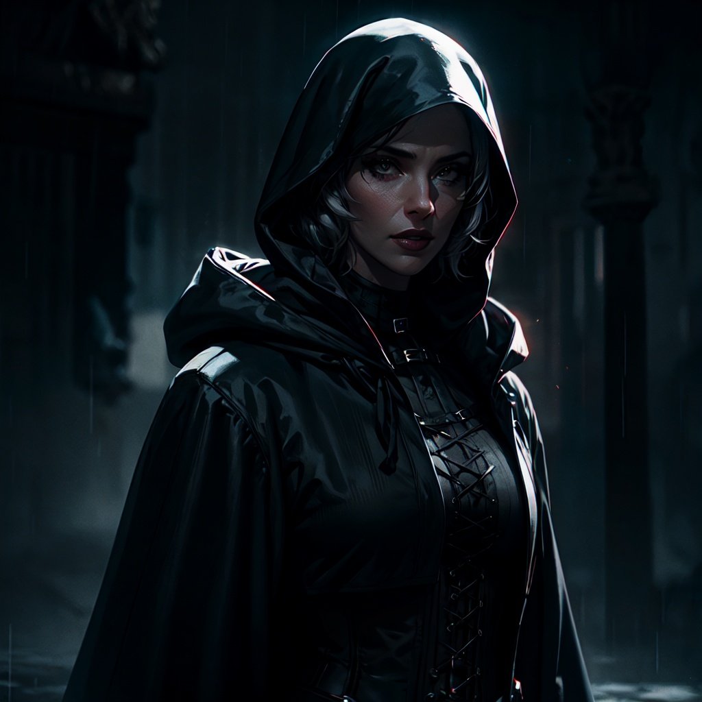 1girl, black hood, pauldrons, medieval black raincoat, corset, chromatic aberration, particles, dark atmosphere, realistic, blurry background, volumetric lighting, standing, portrait, looking at camera 