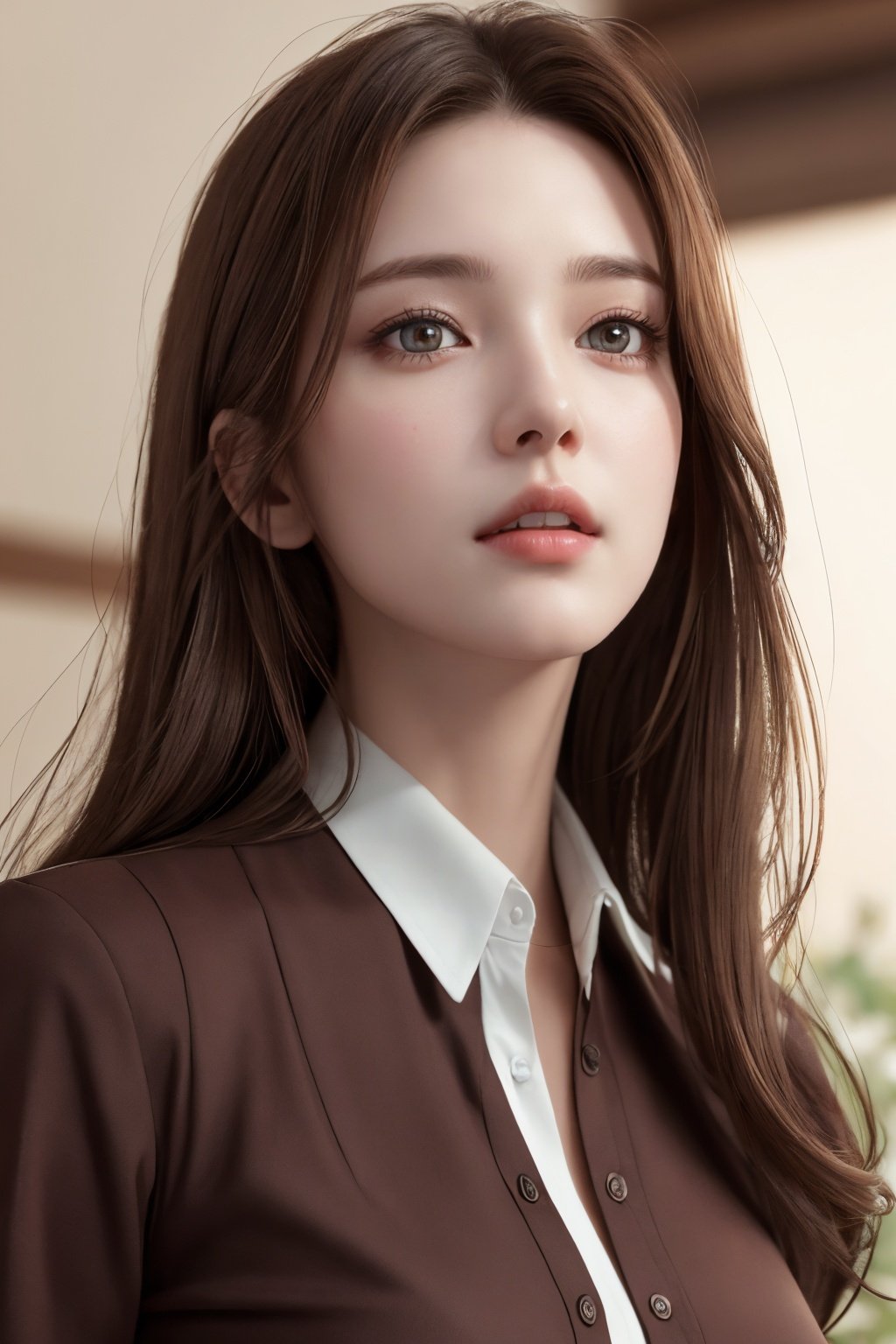 photorealistic, masterpiece, best quality, raw photo, 1girl, solo, long hair, brown hair, detailed face, alluring face, collared shirt, medium breasts, dynamic pose, looking at viewer, from below, detailed background, fine detailed, intricate detail,  ray tracing, depth of field, low key, hdr