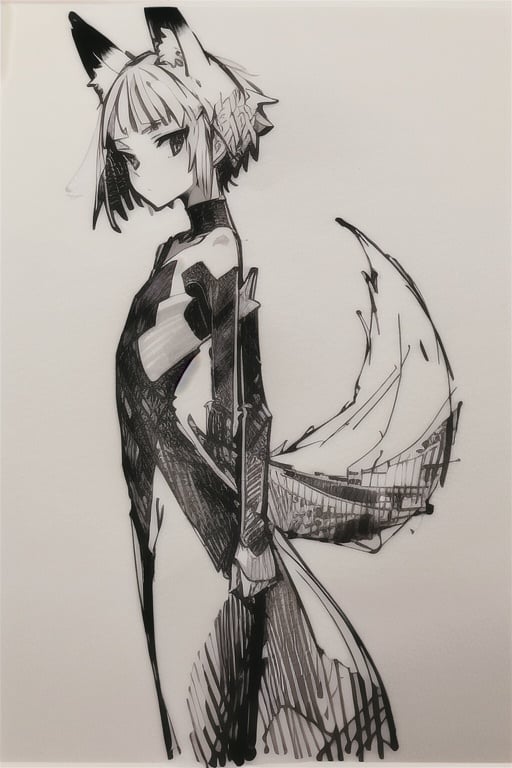 penSketch_style, ink sketch, 1girl, gray hair, sketch, tall, flat chest,neutral face, fox tail, Delicate skin tone