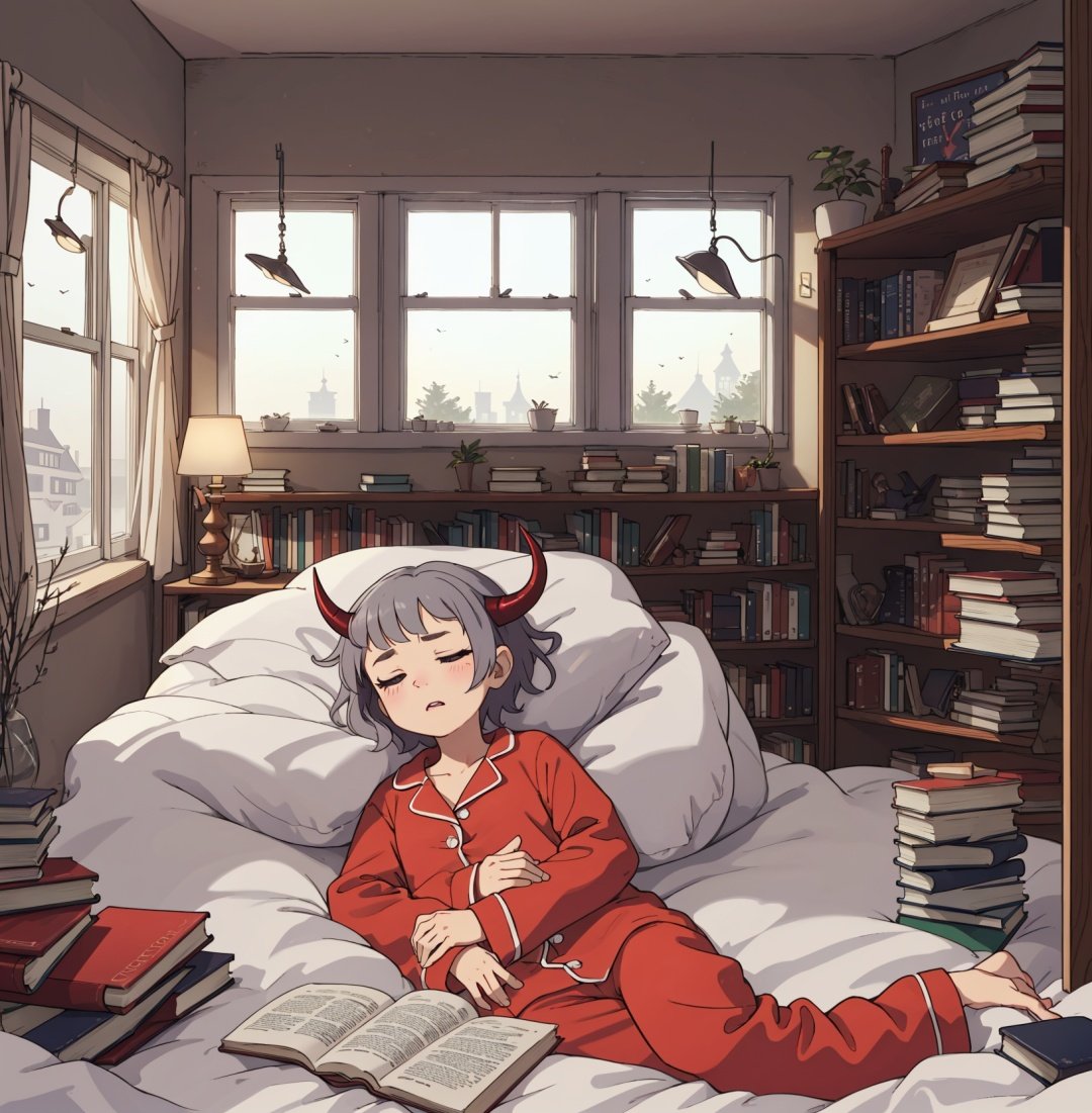 (best-quality:0.8), (best-quality:0.8), gray short hair, lilic eyes, short red horns in head, full body, pajamas, house, sleep in bed, (table, window, books)