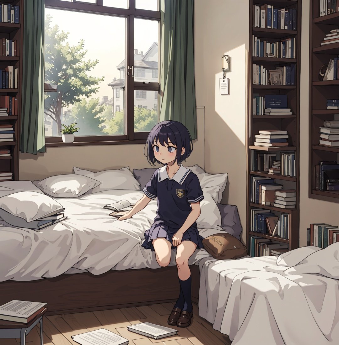 (best-quality:0.8), (best-quality:0.8), gray short hair, lilic eyes, full body, school uniform, house, bed, table, window, books, sitting in bed