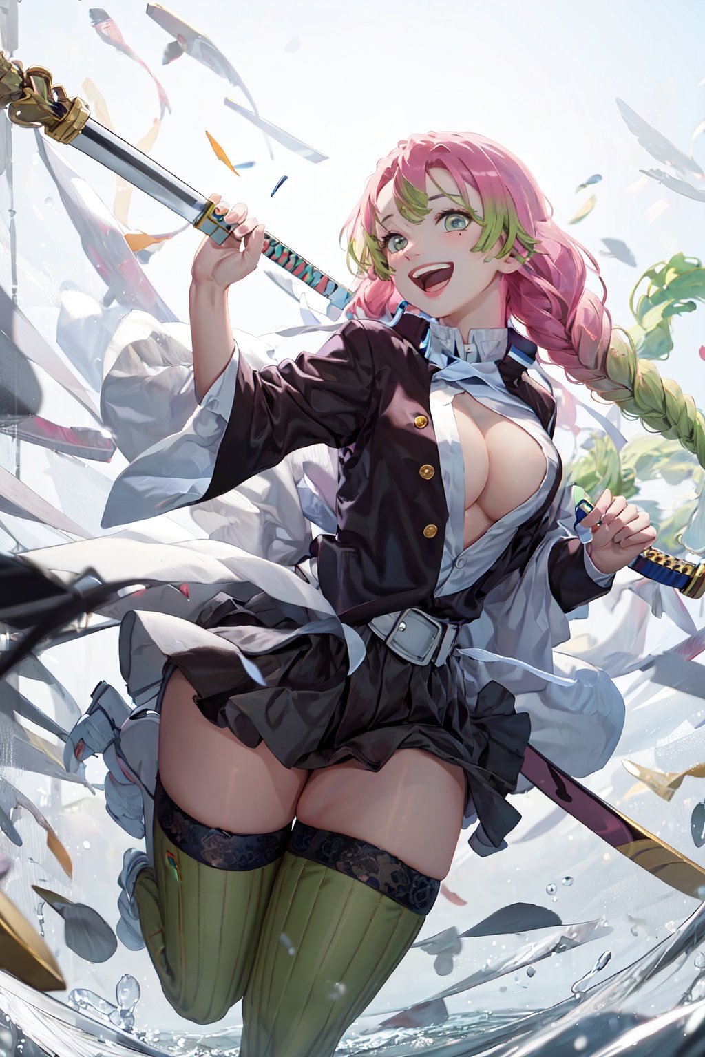 glsml, 1girl, solo, looking_at_viewer, smile, open_mouth, holding, full_body, weapon, thighs, holding_weapon, holding_sword, katana, sheath, partially_unbuttoned, ribbed_legwear