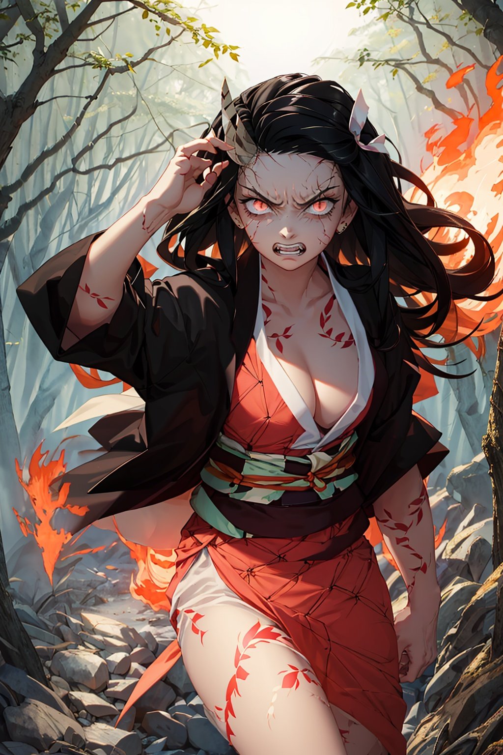 Kamado_Nezuko, 1girl, solo, looking_at_viewer, teeth, orange_hair, slit_pupils, clenched_teeth, angry, veins, asa_no_ha_\(pattern\), checkered_sash, fire, forest