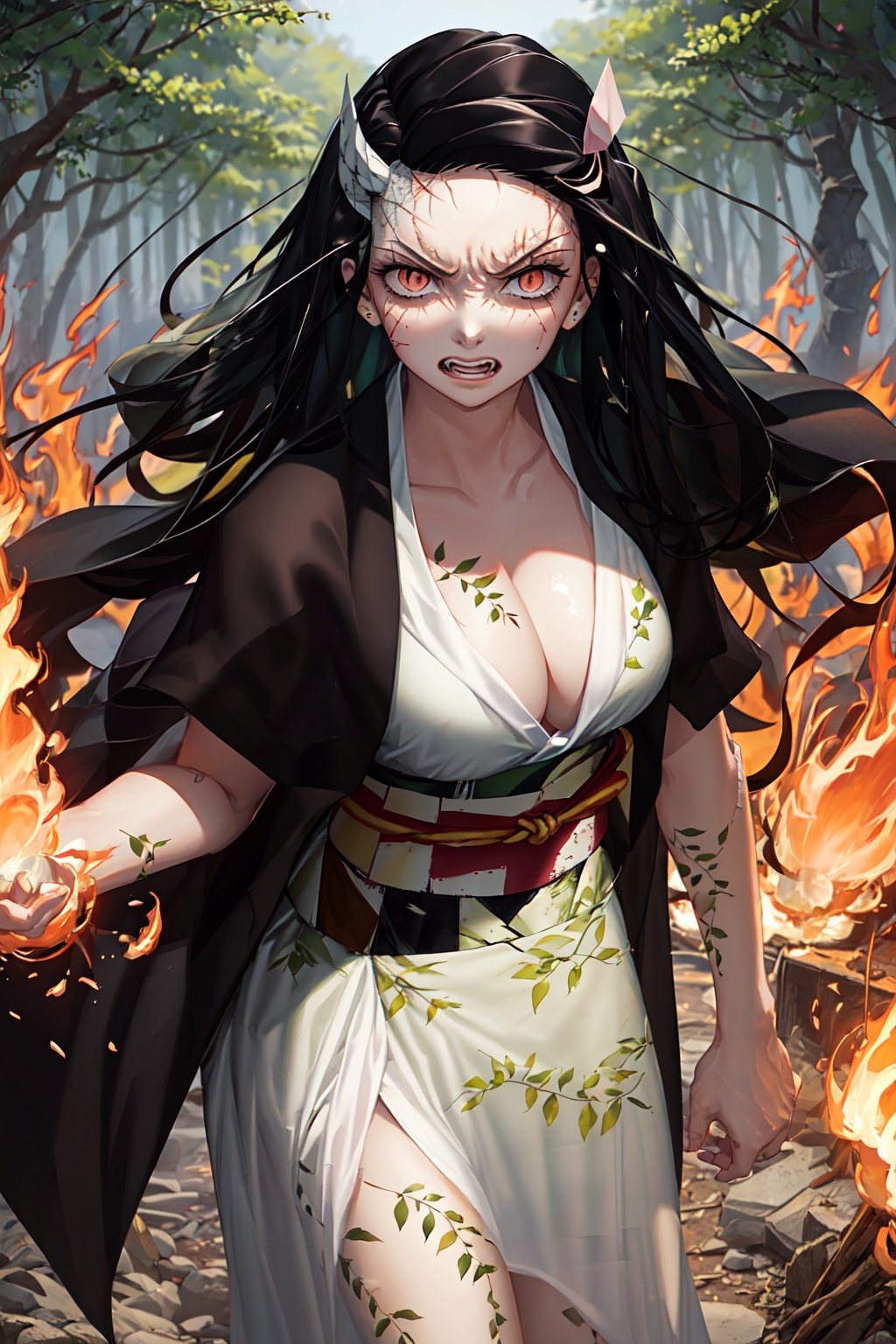 Kamado_Nezuko, 1girl, solo, looking_at_viewer, teeth, orange_hair, slit_pupils, clenched_teeth, angry, veins, asa_no_ha_\(pattern\), checkered_sash, fire, forest