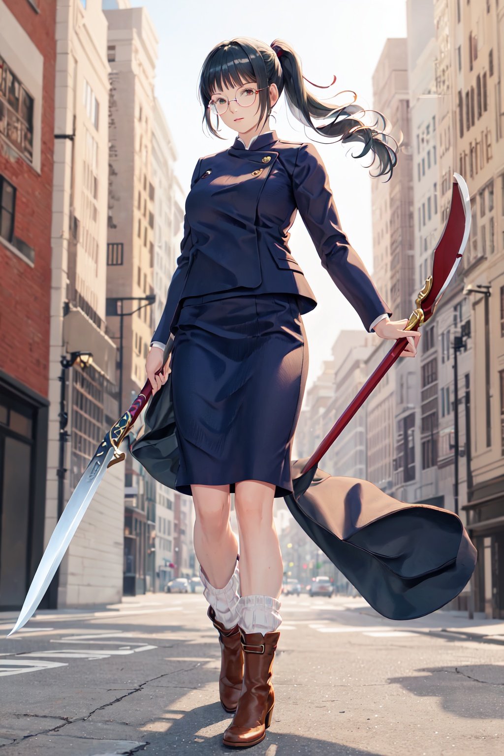 Zenin_Maki, 1woman solo, skirt, school_uniform, jacket, full_body, weapon, glasses, socks, holding_weapon, brown_footwear, white_socks, polearm, spear, loose_socks