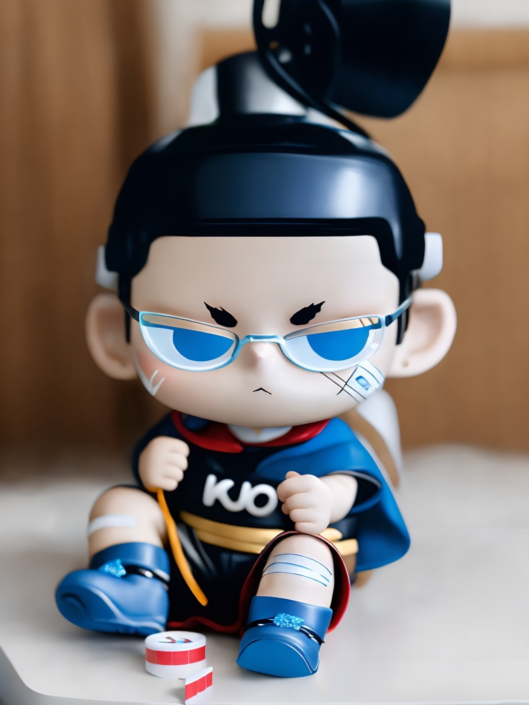  kubo, kubo_eyes, chibi,  solo, black_hair, 1boy, hat, sitting, male_focus, glasses, shorts, chibi, helmet, bandaid, anger_vein, bandaid_on_face, male_child, bandaid_on_nose, blue eyes