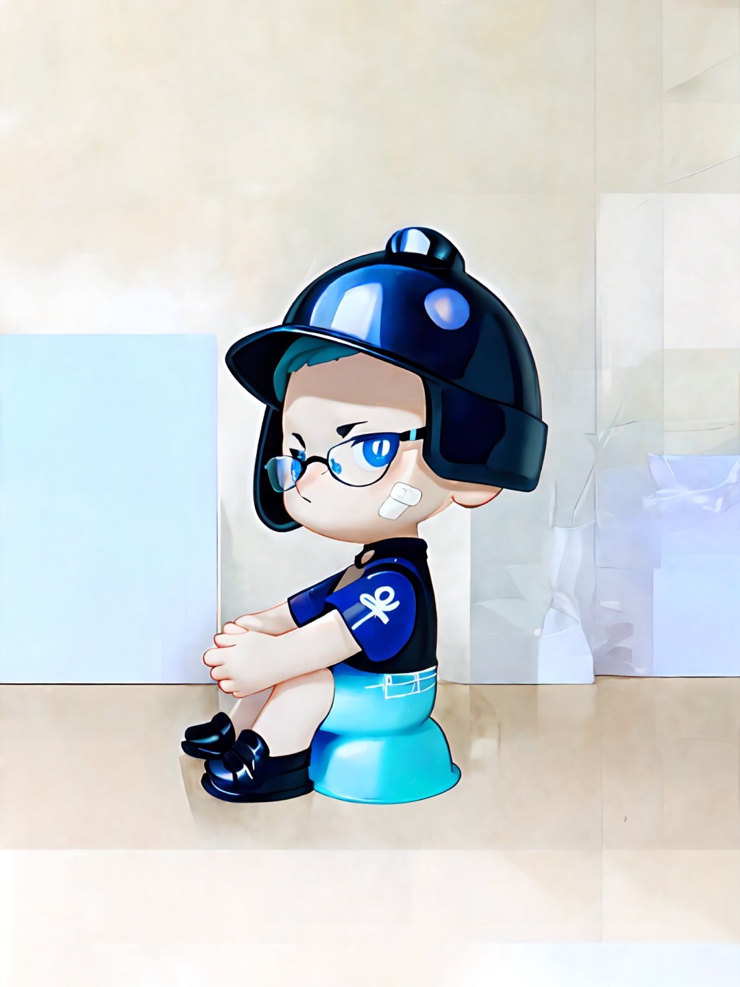  kubo, kubo_eyes, chibi,  solo, black_hair, 1boy, hat, sitting, male_focus, glasses, shorts, chibi, helmet, bandaid, anger_vein, bandaid_on_face, male_child, bandaid_on_nose, blue eyes, kubo, kubo_eyes, chibi