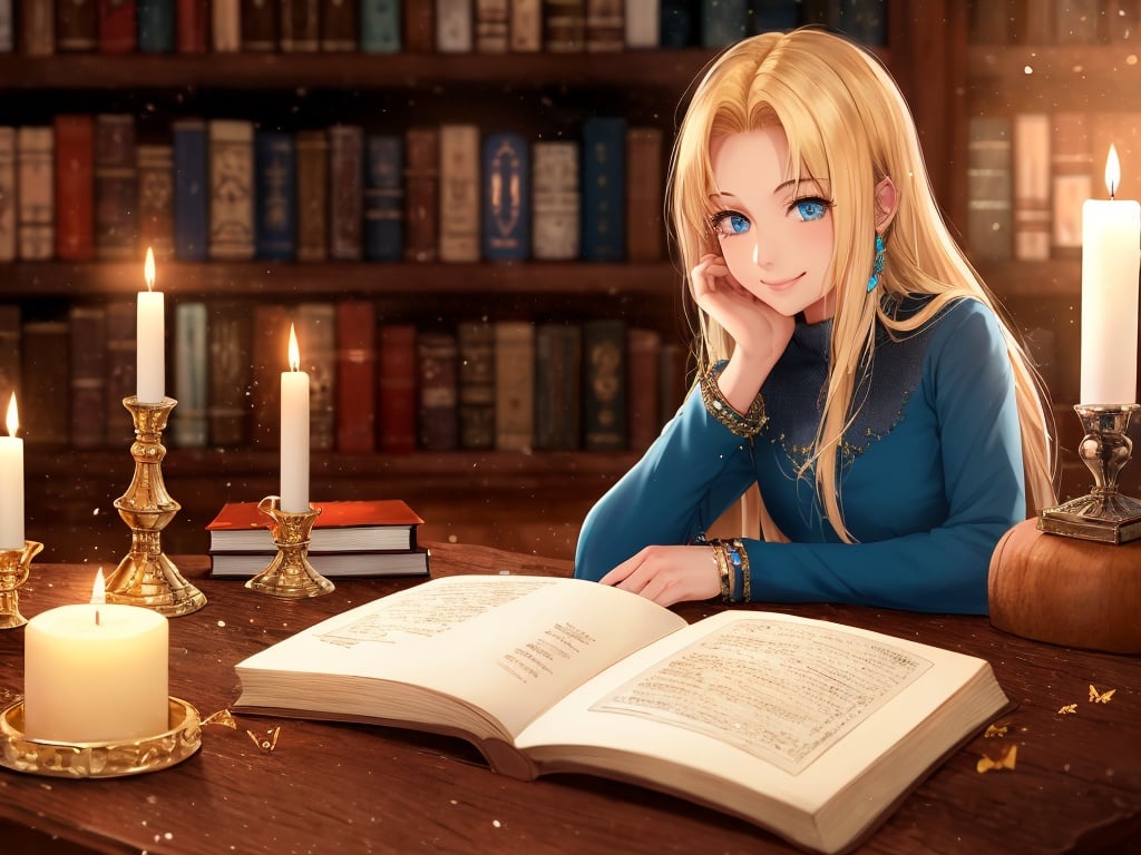 1girl, book, quill, blonde hair, long hair, solo, blue eyes, table, indoors, head rest, blurry, candle, bookshelf, bird, bug, open book, inkwell, butterfly, sitting, long sleeves, light particles, dress, magic circle, feathers, smile, depth of field, wooden table, blurry background, closed mouth, jewelry