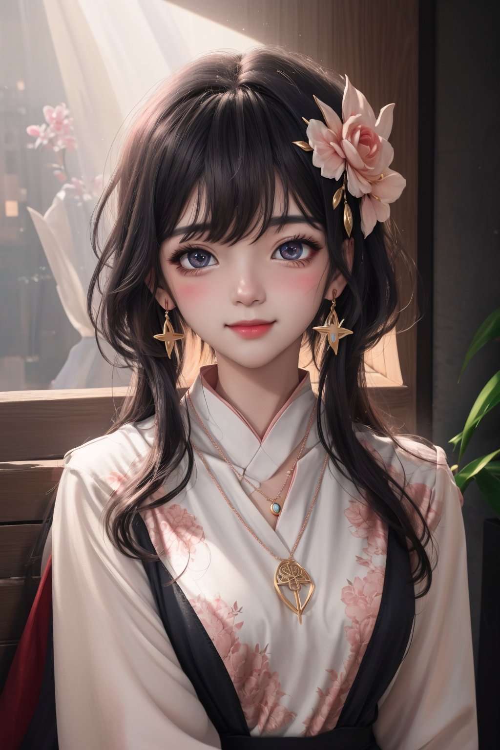 best quality, masterpiece, highres, 1girl,blush,(seductive smile:0.8),star-shaped pupils,china hanfu,hair ornament,necklace, jewelry,Beautiful face,upon_body, tyndall effect,photorealistic, dark studio, rim lighting, two tone lighting,(high detailed skin:1.2), 8k uhd, dslr, soft lighting, high quality, volumetric lighting, candid, Photograph, high resolution, 4k, 8k, Bokeh