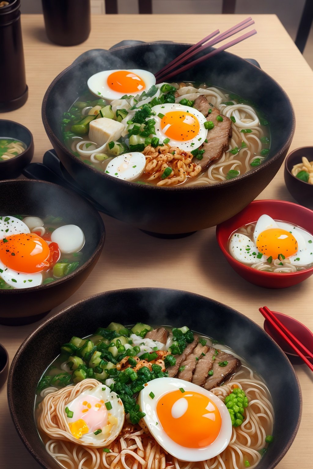 ultra detailed 8k cg, japanese ramen, chopsticks, egg, steam,