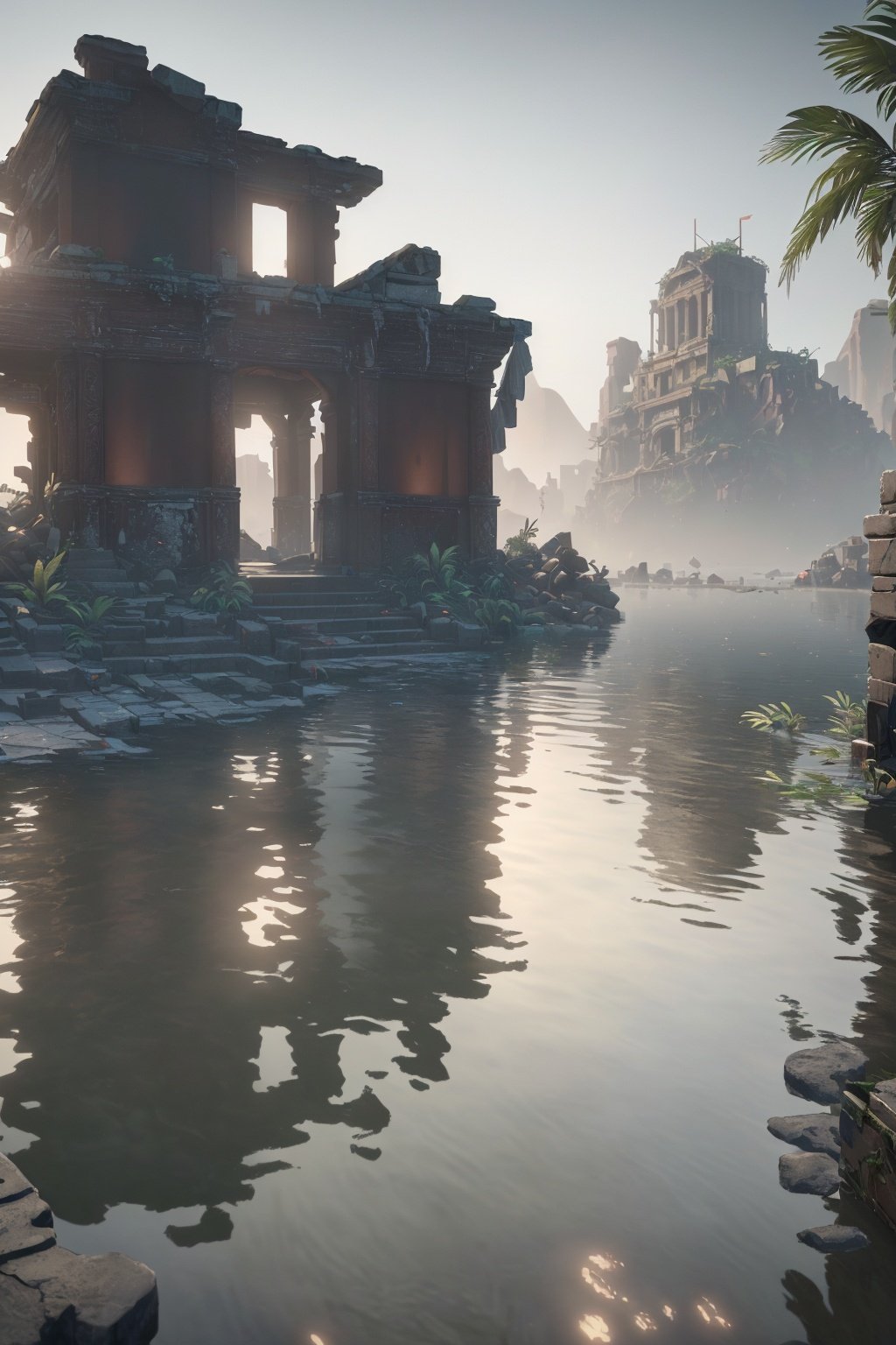 (8k, RAW photo, best quality, masterpiece:1.2), (realistic, photo-realistic:1.37), octane render, ultra high res, ultra-detailed , professional lighting, photon mapping, radiosity, physically-based rendering, ue5, ((island sanctuary)), ((ancient fallen kingdom)), ((reflections in water)), ((raytracing)), ((drowned city))