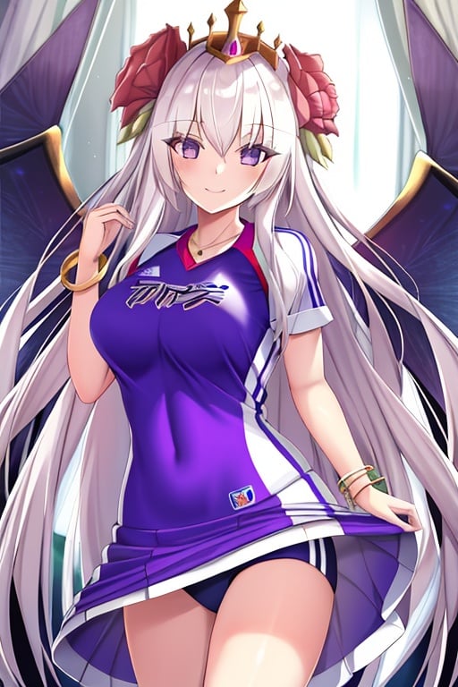 ((sportswear)),best quality,highly detailed,masterpiece,artbook,1girl,flower,dress,wings,bracelet,jewelry,smile,crown,bangs,purple eyes,white hair,((sportswear)),Without wings,