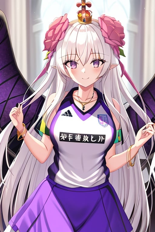 ((sportswear)),best quality,highly detailed,masterpiece,artbook,1girl,flower,dress,wings,bracelet,jewelry,smile,crown,bangs,purple eyes,white hair,((sportswear)),Without wings,