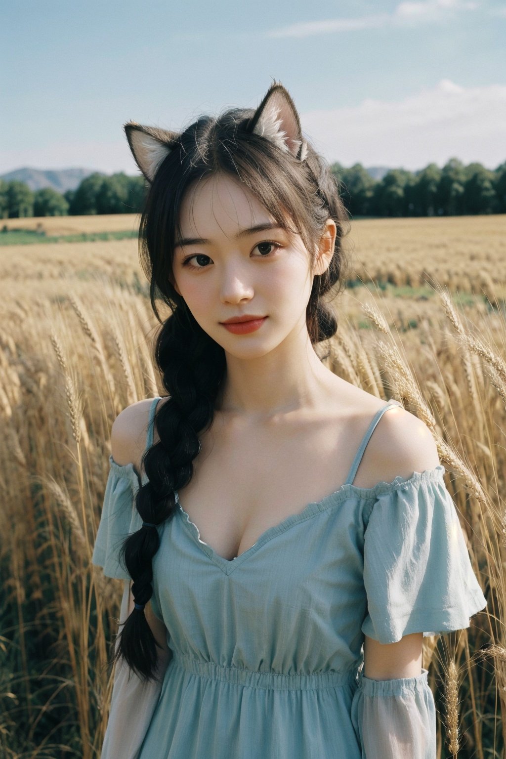 young 1girl with braided hair and fluffy cat ears, dressed in Off-Shoulder Sundress, standing in a rustic farm setting. She has a soft, gentle smile, expressive eyes and sexy cleavage. The background features a charming barn, fields of golden wheat, and a clear blue sky. The composition should be bathed in the warm, golden hour light, with a gentle depth of field and soft bokeh to accentuate the pastoral serenity. Capture the image as if it were taken on an old-school 35mm film for added charm, looking at viewer