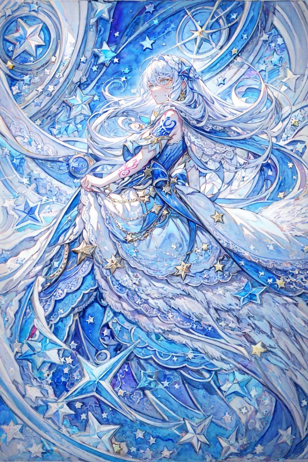 masterpiece, best quality, 1girl, <lora:YingY-000010:0.8>, <lora:Watercolor:0.6>,watercolor,white hair,dress,star \(symbol\), tattoo