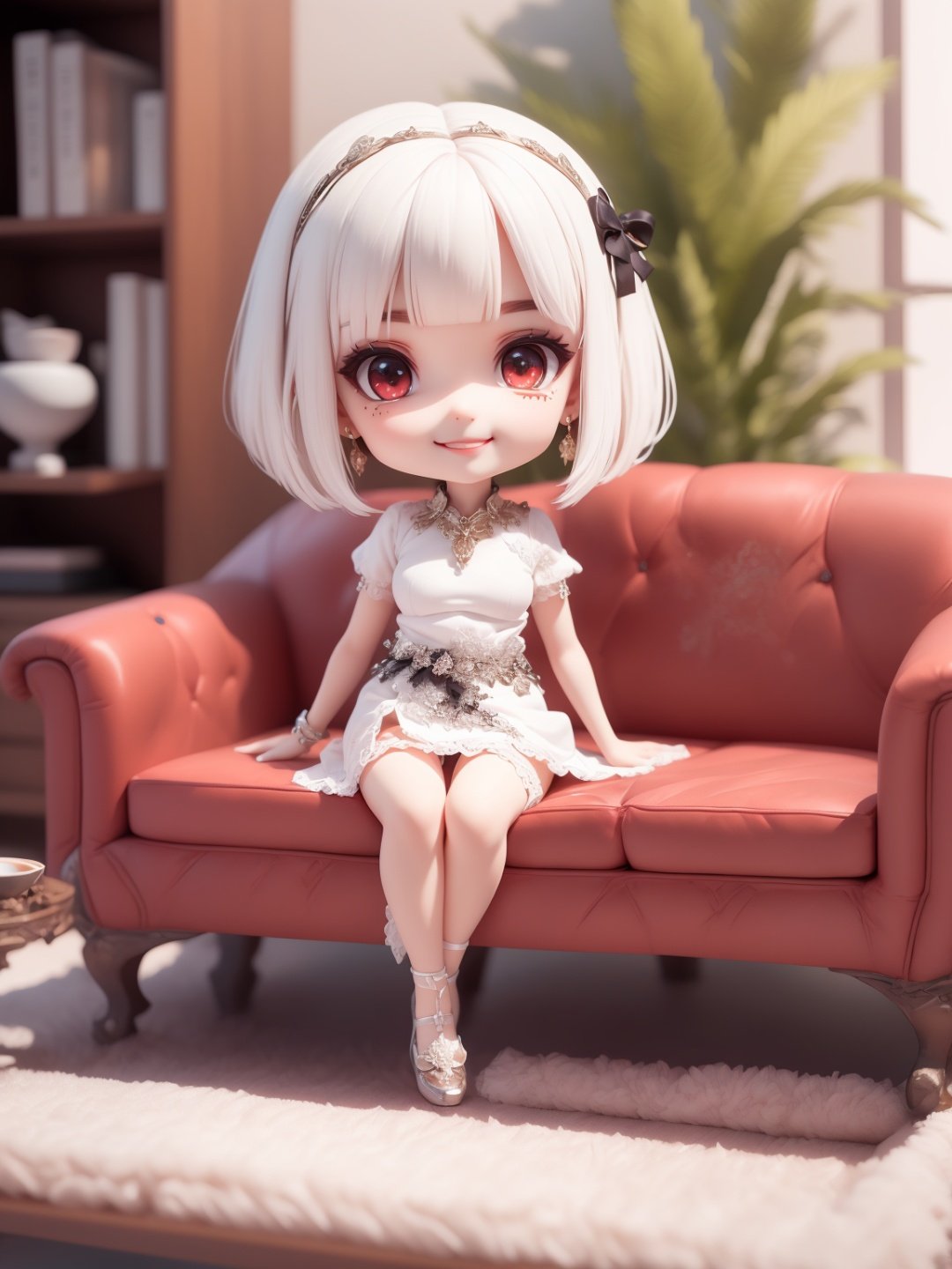 (masterpiece),(best quality),(ultra-detailed), (full body:1.2), 1girl,chibi,cute, smile, white Bob haircut, red eyes, earring, white shirt,black skirt, lace legwear, (sitting on red sofa), seductive posture, smile, A sleek black coffee table sits in front of the sofa and a few decorative items are placed on the shelves, (beautiful detailed face), (beautiful detailed eyes),