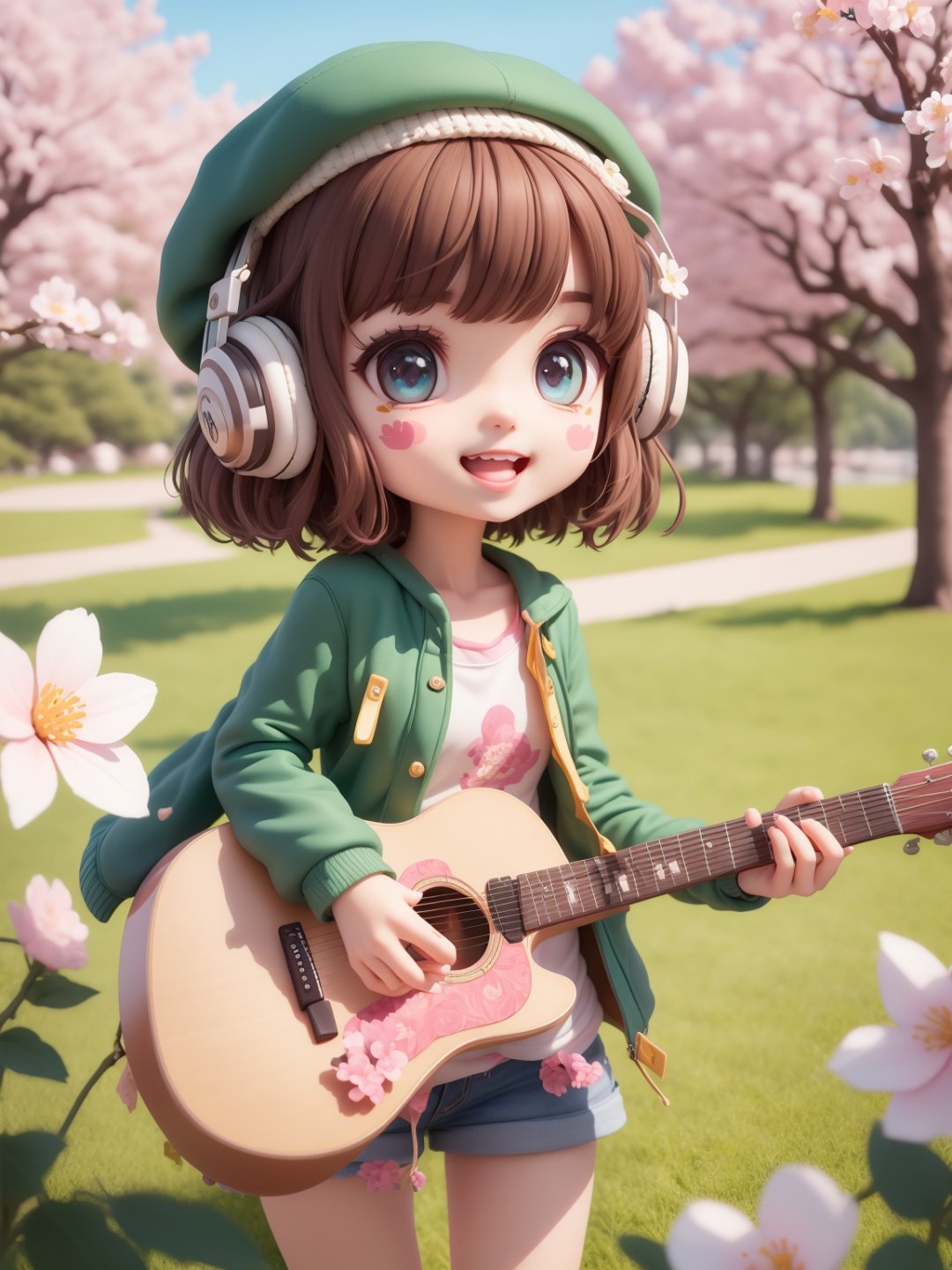 (masterpiece),(best quality),(ultra-detailed), (full body:1.2), 1girl,chibi,cute, smile, open mouth, flower, outdoors, playing guitar, music, beret, holding guitar, jacket, blush, tree, :3, shirt, short hair, cherry blossoms, green headwear, blurry, brown hair, blush stickers, long sleeves, bangs, headphones, black hair, pink flower, (beautiful detailed face), (beautiful detailed eyes),