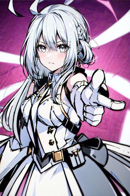 masterpiece, best quality, 1girl, <lora:Finger_gun:1>,finger_gun,gloves,pointing at viewer,, <lora:Liv:0.6>1girl, ahoge,jet, long_hair,white hair,grey eyes