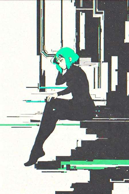 masterpiece, best quality, 1girl, <lora:GPix:1>,machine,sitting,green hair