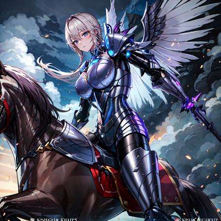 masterpiece, best quality,1girl, horse,horseback riding, riding,knight,<lora:Horse:0.6>,upper body,mecha, <lora:PAS:0.6>,spread legs,light particles, 