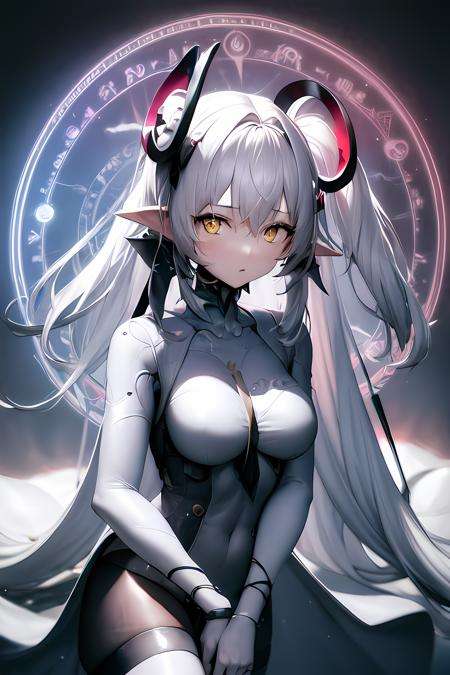 masterpiece, best quality, 1girl, bangs,yellow eyes, white bodysuit, breasts, floating_hair, gradient, gradient_background, grey_background, hair_between_eyes, hair_ornament, leaning_forward, long_hair, looking_at_viewer, medium_breasts, solo, very_long_hair, white_hair,<lora:Luna:0.6>,magic circle, 