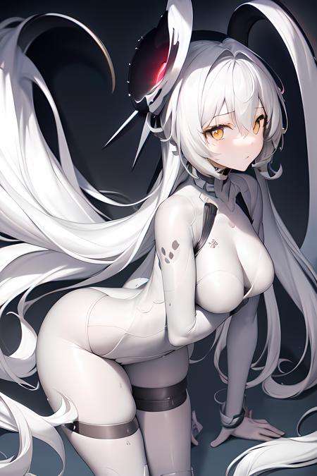 masterpiece, best quality, 1girl, bangs,yellow eyes, white bodysuit, breasts, floating_hair, gradient, gradient_background, grey_background, hair_between_eyes, hair_ornament, leaning_forward, long_hair, looking_at_viewer, medium_breasts, solo, very_long_hair, white_hair,<lora:Luna:0.6>,